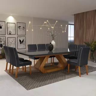 Sala de Jantar 220x110 Lottus MDF/Vidro 8 Cadeiras Bom Pastor em Oferta na Shopee