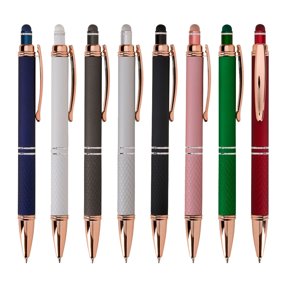 Caneta Touchscreen com Corpo Metálico e Acabamento Emborrachado – Mecanismo de Clique e Tinta Azul 1.0mm