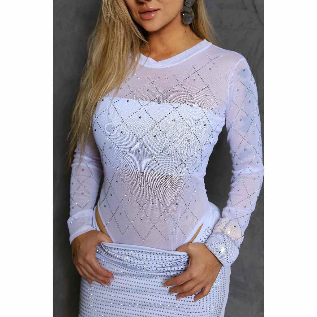 Body feminino brilho strass pedraria manga longa tule transparente ...