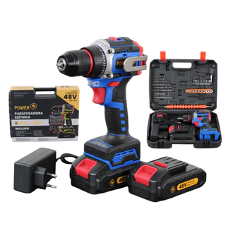 Parafusadeira Elétrica 48V Bivolt Kit 35 Peças 2 Baterias Maleta Profissional Furadeira Portátil