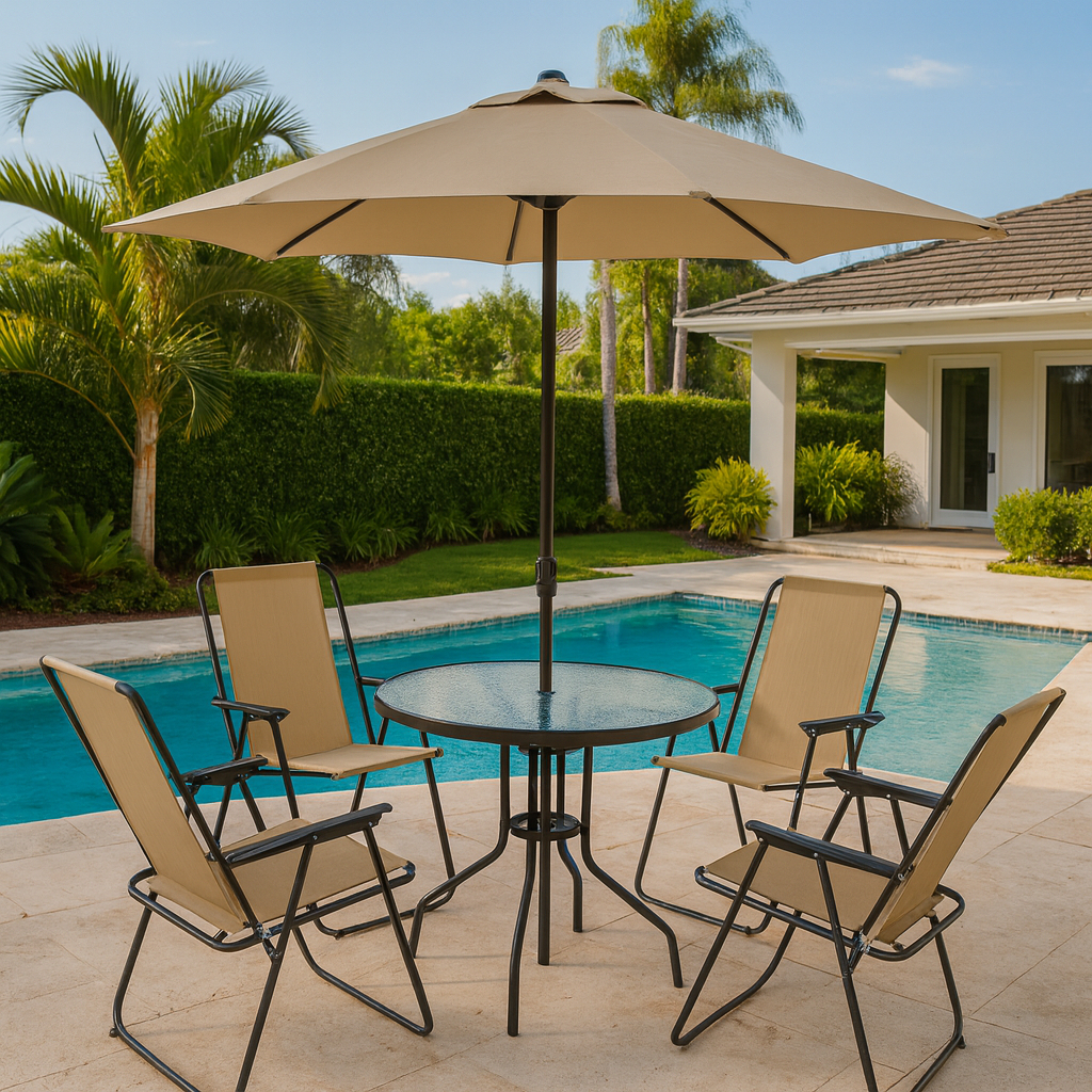 Conjunto 6 Peças Mesa com 4 Cadeiras e Guarda-Sol Ideal Para Jardim ...