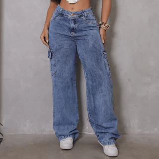 Calça Jeans Wide Leg Cargo Feminina Cintura Alta Premium em Oferta na Shopee