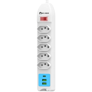 Filtro de Linha Inteligente 5 Tomadas Tipo-J com 3 USB e Proteção ZOV Anti Surtos