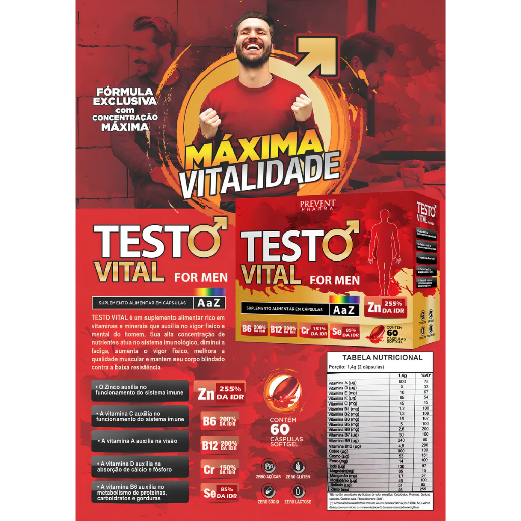 Testo vital for men suplemento alimentar 60caps gel B12 | Shopee Brasil