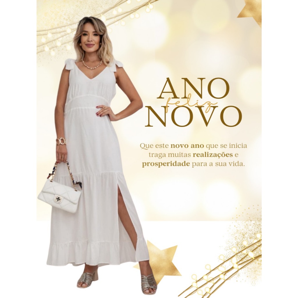 Vestido Branco Ano Novo Longo Decote V Laço na Manga Reveillon Verão ...