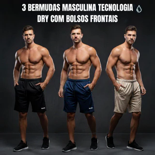 Kit 3 Bermudas Básica Dry Com Bolsos Masculina P ao G3 Plus Size RUN Esportiva Academia Cross Treino