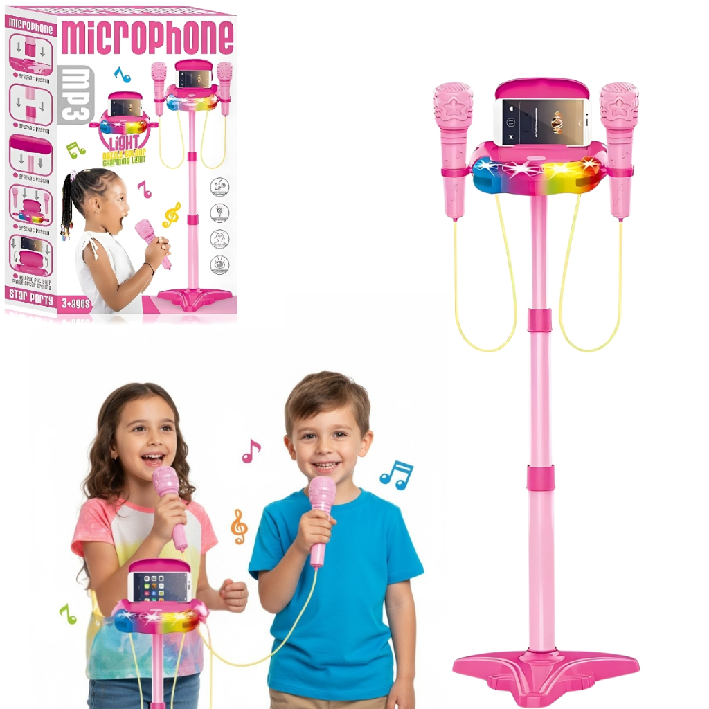Microfone Infantil Duplo De Pedestal C/ Luz Som E Suporte de Celular Rosa - outra vista