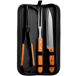 Kit De Churrasco 3 Peças Faca Garfo e Pegador Com Estojo Conjunto Churrasqueiro