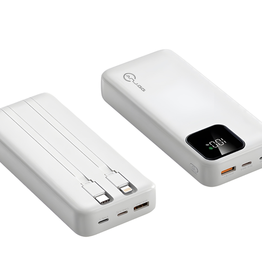 Power Bank 20000mAh 33W com Carga Rápida | 2 Cabos Integrados + USB Branco