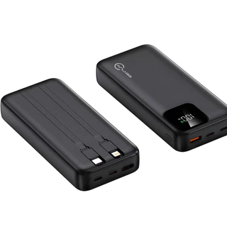 Power Bank 20000mAh 33W com Carga Rápida | 2 Cabos Integrados + USB Preto