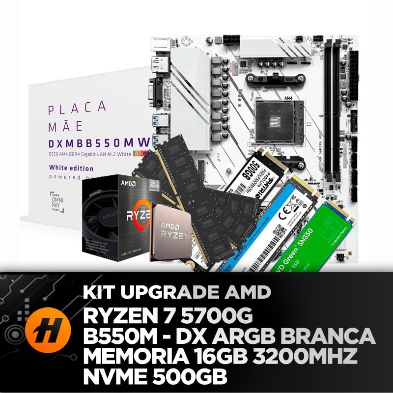 Kit Upgrade Ryzen 7 5700G + B550M BRANCA + 16GB DDR4 3200MHz + NVME 500GB COM SISTEMA INSTALADO