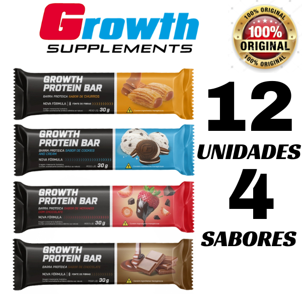Barra de proteína Growth Supplements 12 unidades com 4 Sabores Barrinha ...