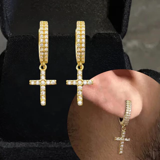 Brinco Argola Cravejada com Pingente de Cruz Duas Fileiras Banhadas a Ouro 18K em Oferta na Shopee