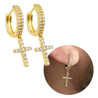 Brinco Crucifixo com Argola Cravejada Duas Fileiras Joia Banhada a Ouro 18K Luxo em Oferta na Shopee