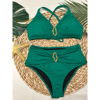 BIQUINI ESTILOSO  CINTURA ALTA E DETALHES DOURADO em Oferta na Shopee