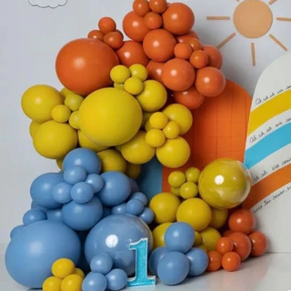 Balão de aniversário kit com 125 balões - Mostarda + Laranja + Azul jeans para decoração de Festas.
