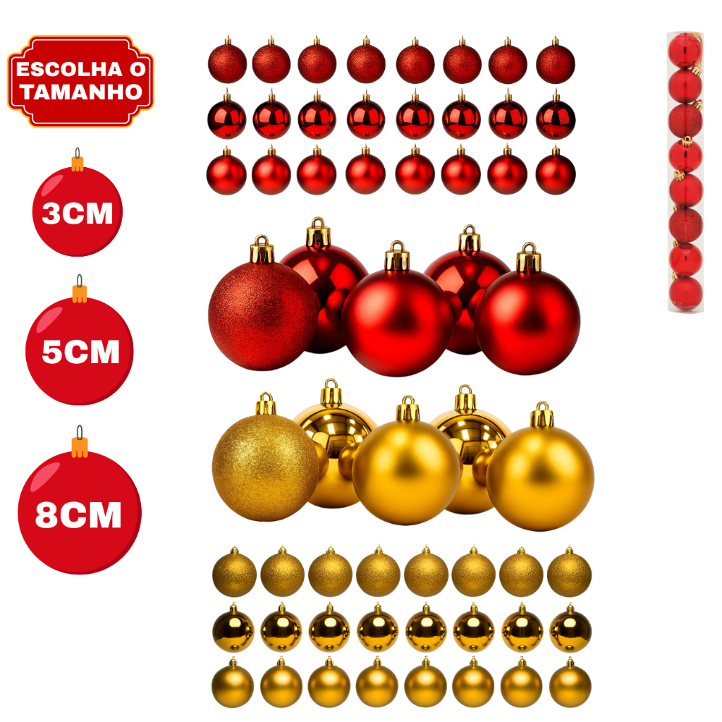 Kit Bolas 8Cm, 5Cm ou 3Cm Vermelho/Dourada Natal Enfeite Arvore ...
