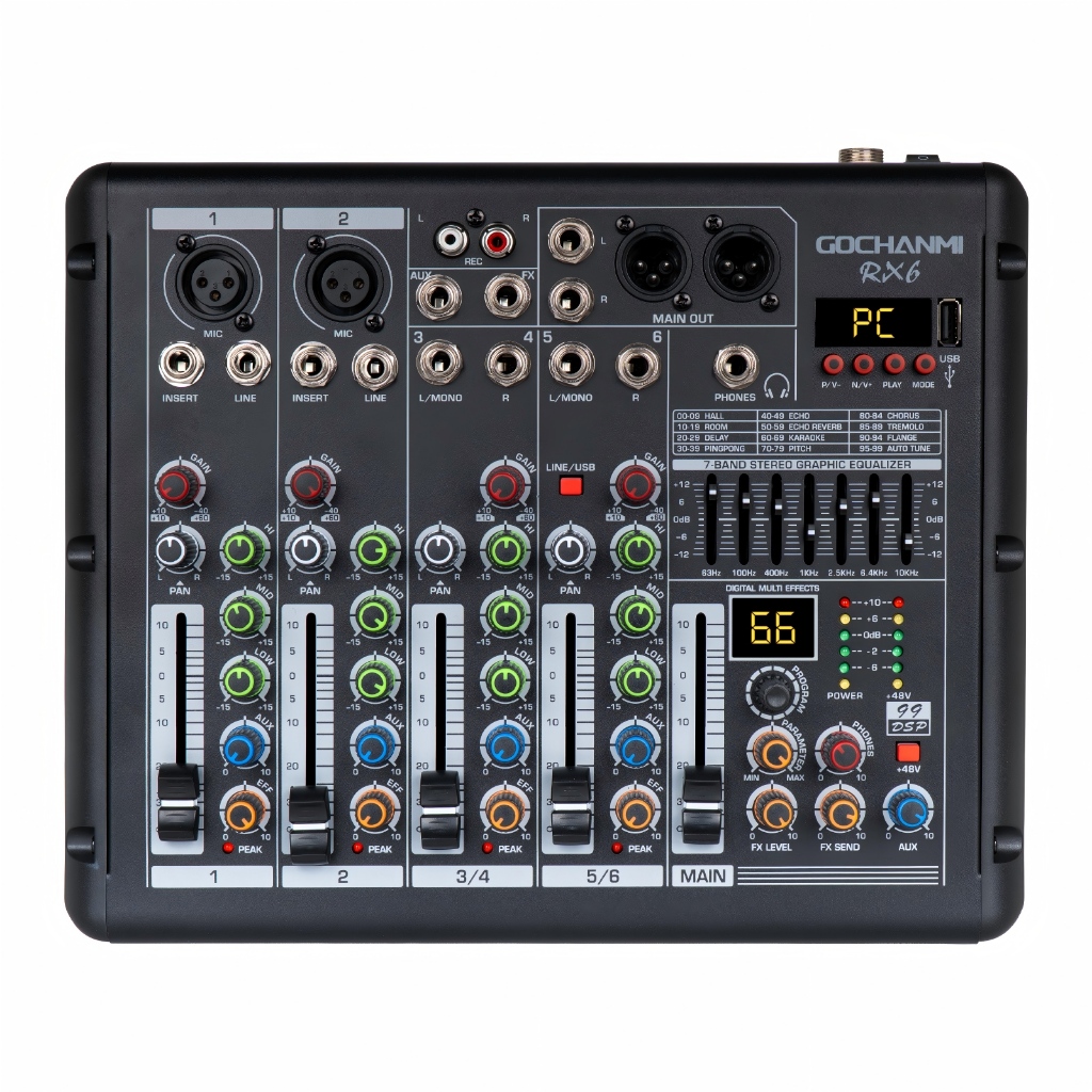 Mesa de Som Profissional GOCHANMI RX6 Consola Mixer DJ 6 Canais com 99 ...
