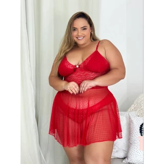 Camisola plus size em tule e renda com calcinha e camisola em Oferta na Shopee