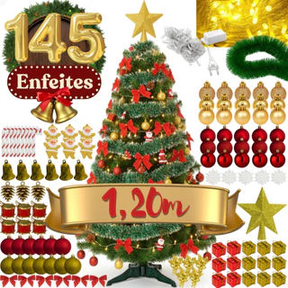 Árvore De Natal 1,20m Decorada 145 Enfeites Festão Pisca Pisca Pé Plástico Completa