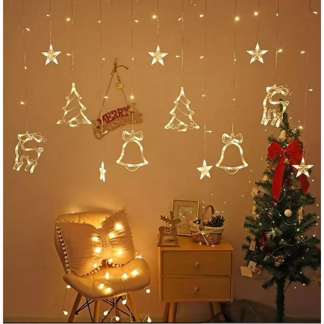 Cascata Led Natal Com Estrelas Rena Pinheiro 8 Funções