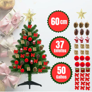 Kit Arvore De Natal Pequena 60cm + 37 enfeites Mini Pinheiro Verde Escritório Mesa 50 Galhos
