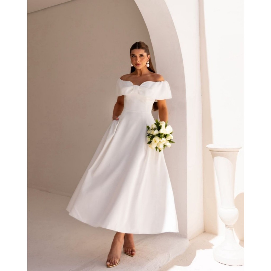 Vestido Noiva Civil Midi Rodado Ombro a Ombro Minimalista Casamento ...