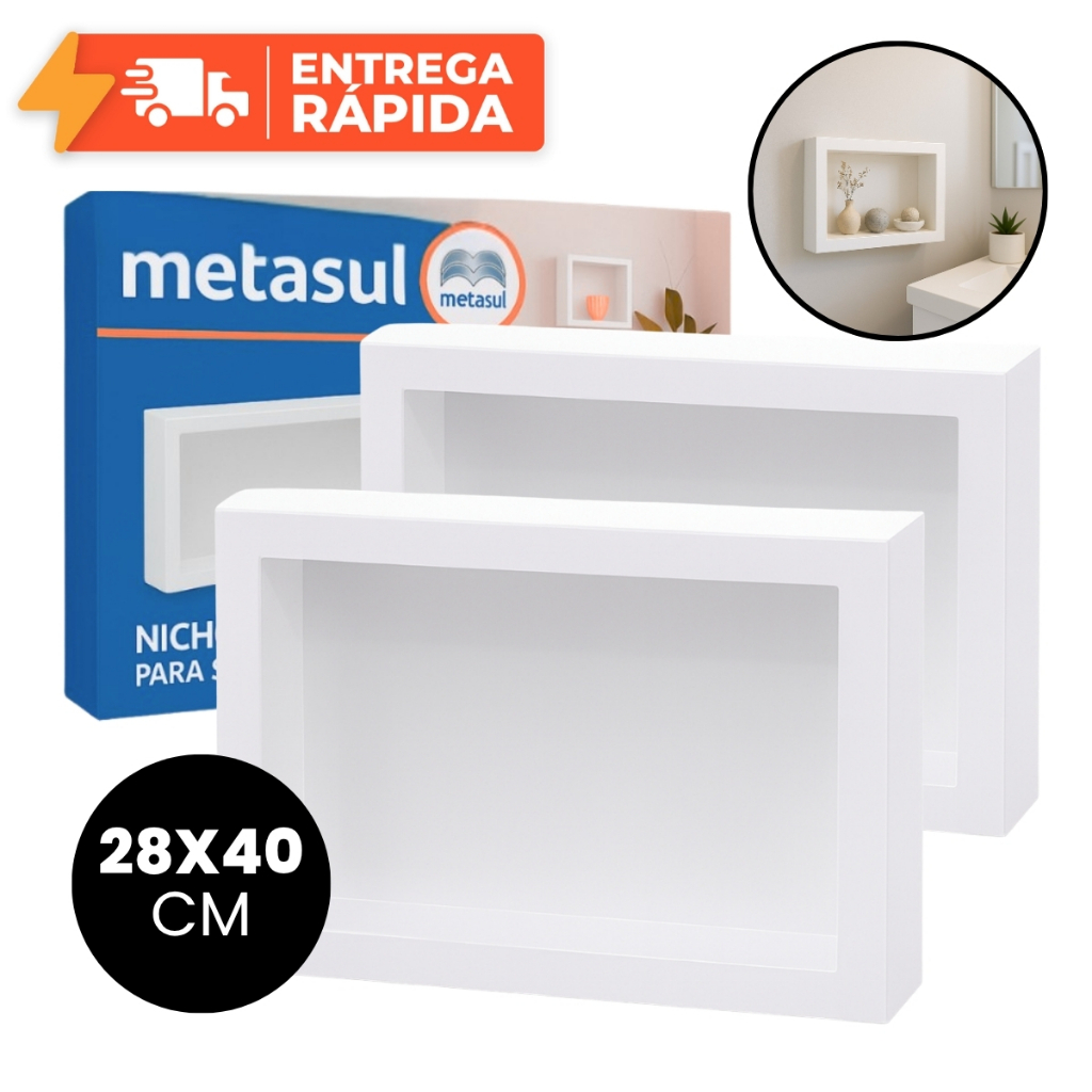 Kit Nichos de Parede Sobrepor 28x40cm Banheiro Porta Shampoo Sem Obra Quarto Sala Multiuso Branco