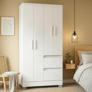 Guarda Roupa Solteiro Nápoles c 4 Portas 2 Gavetas Branco Poquema
