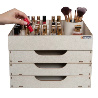 Porta Maquiagem Organizador Caixa Make Batom com Divisórias e 3 Gavetas Em MDF 3mm Cru - Decori Br