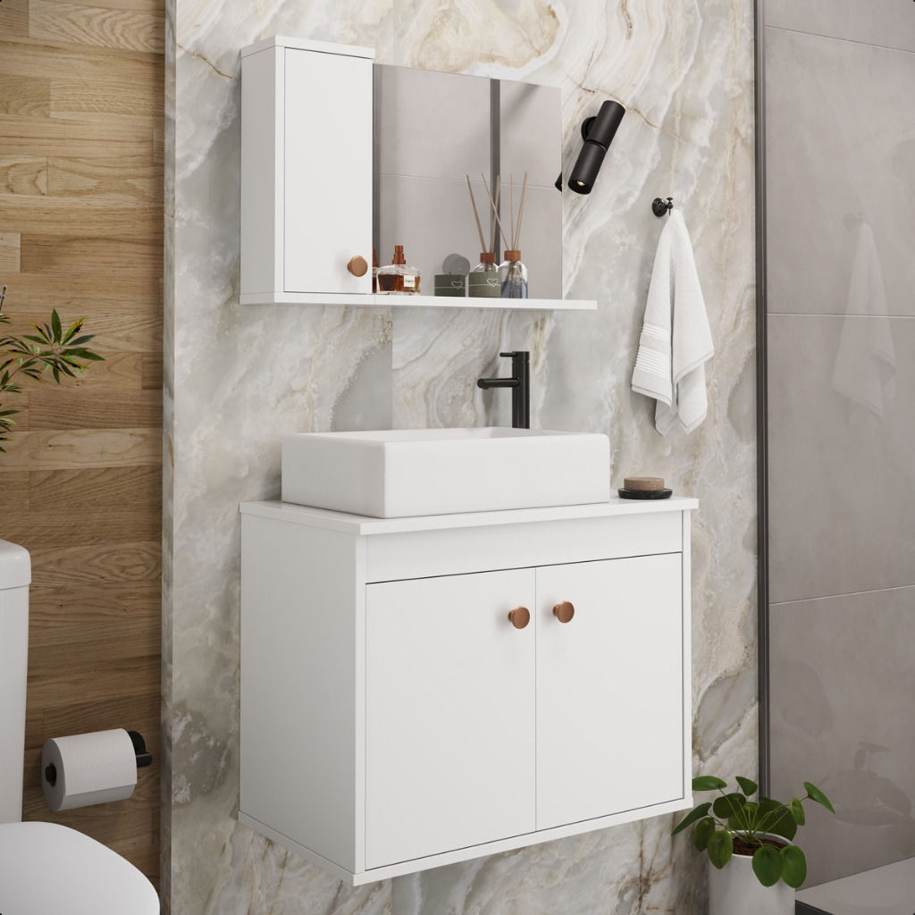 Conjunto Gabinete Para Banheiro Pratiko Completo com Cuba Espelho e Armario Varias Cores
