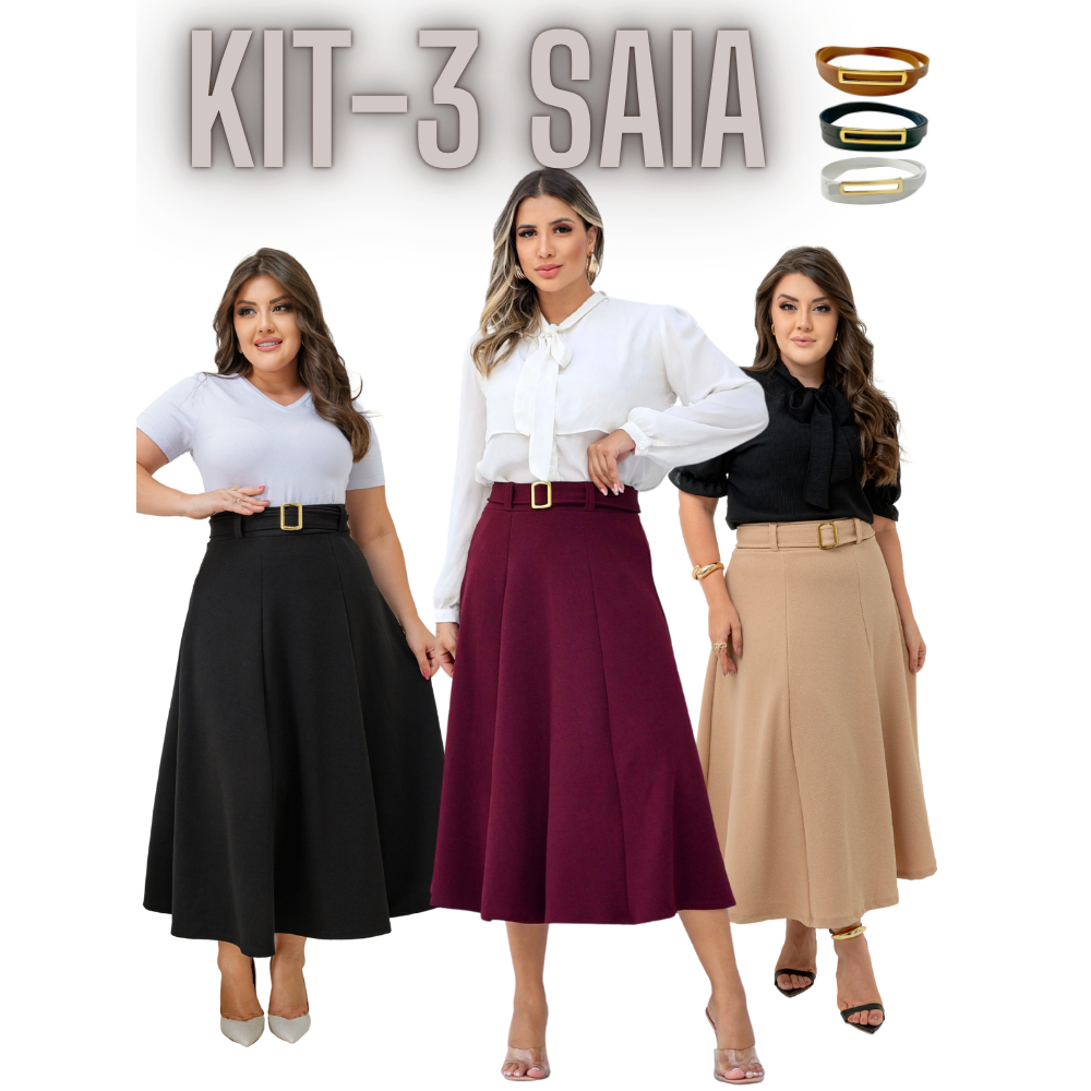 Kit 3 Saia Mídi Feminina Tendência Evangélica - Cores preto e beje ...