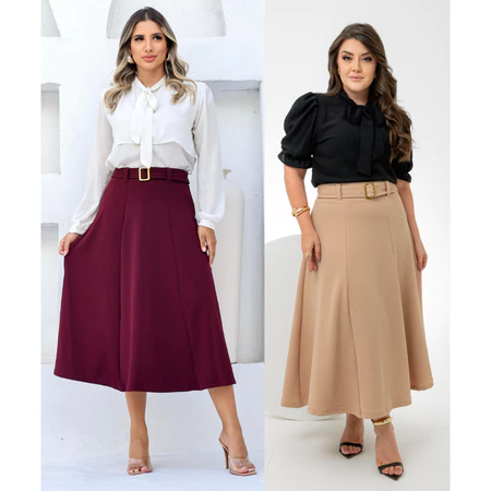 Kit 2 Saia Midi Godê com Cinto Moda feminina evangélica Cores lisa