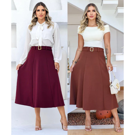 Kit 2 Saia Midi Godê com Cinto Moda feminina evangélica Cores lisa