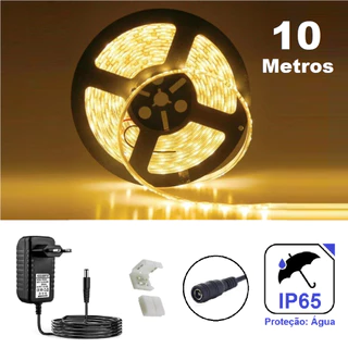 10 Metros Fita LED c/ Silicone IP65: Branco Quente ou Frio + Fonte Bivolt_600 LEDs 3528 c/5M+5M