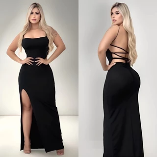 Vestido femenino Longo Fenda na frente costa nua Empina Bumbum Alca Trançado nas costas