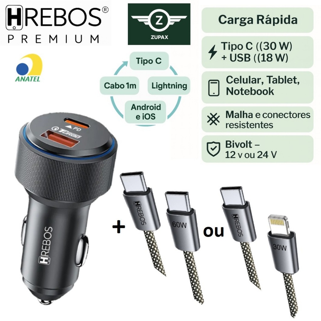 Carregador Veicular Turbo Duplo | Tipo C 30w + USB 18w | Android iOS ...