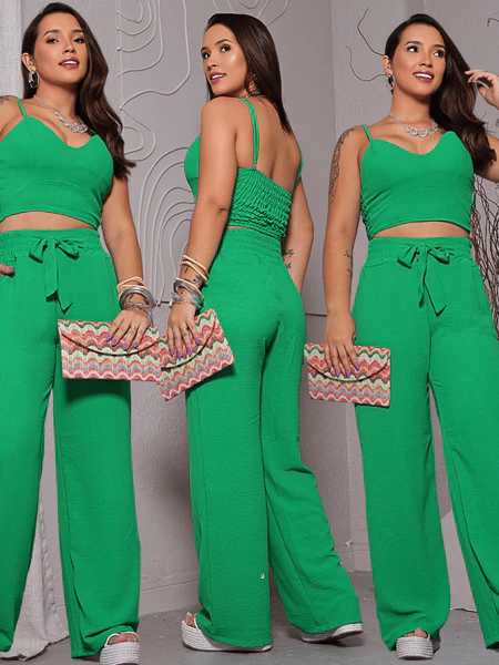 Conjunto Feminino Duna Pantalona e Cropped com Bojo Alça Regulável Alfaiataria Elegante