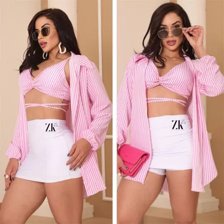 Conjunto Camisa com Cropped Listrado e Liso Feminino Tendência Moda 2025