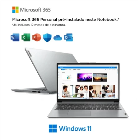 Notebook Lenovo IdeaPad 1i Celeron Office 365 Personal 4GB 128GB SSD Windows 11 Home 15.6 82QH0007BR
