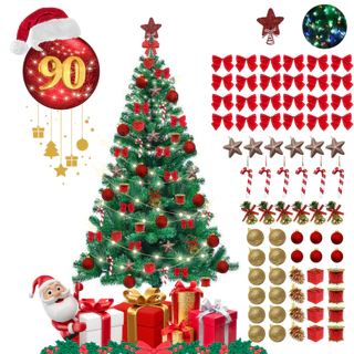 Arvore De Natal 150cm Verde 220 Galhos Cheia + 90 Enfeites e Pisca 110V ou 220V Decoração Completa