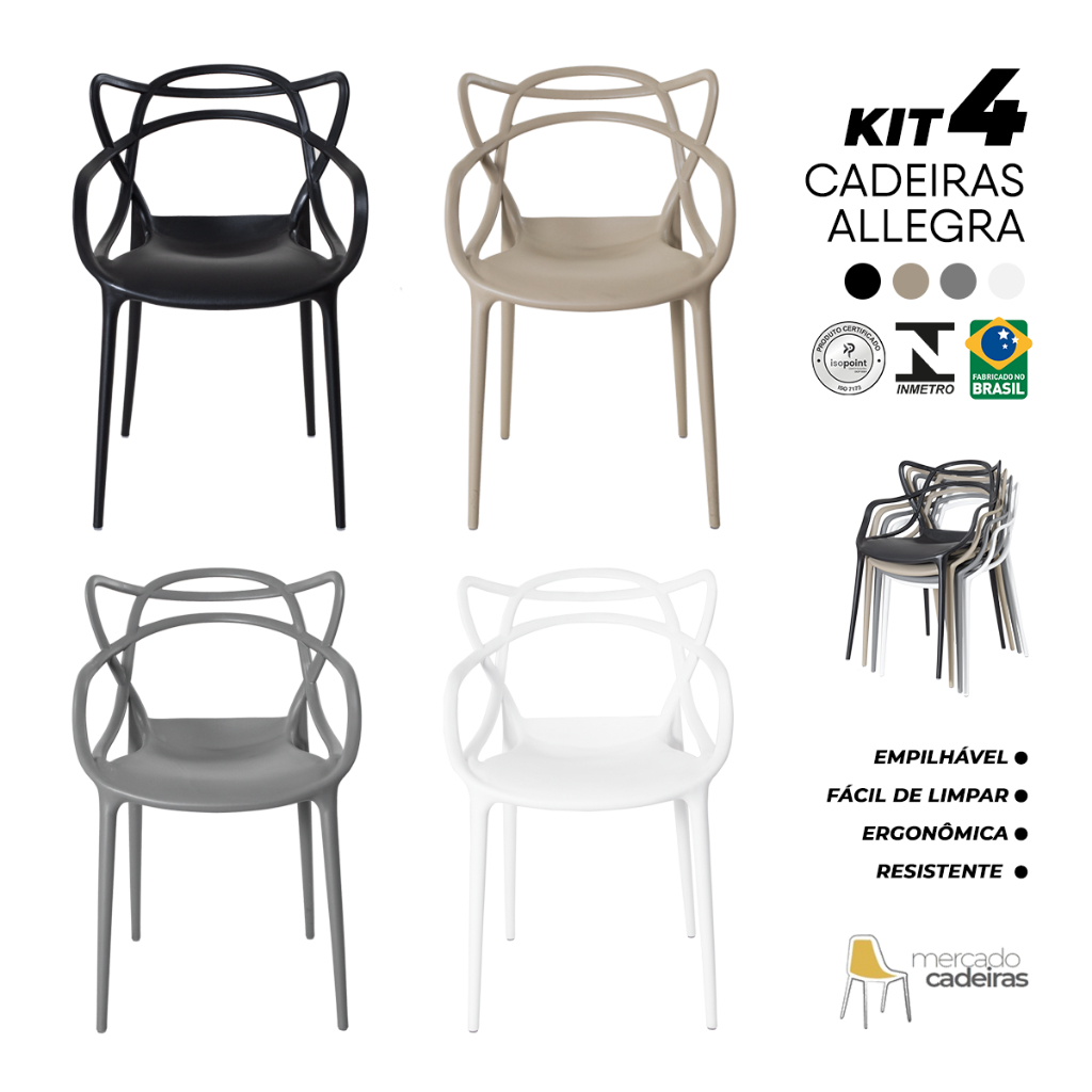 Kit 4 Cadeiras Allegra Inmetro Resistente Ergonômica Sala Cozinha Jantar - Mercado Cadeiras