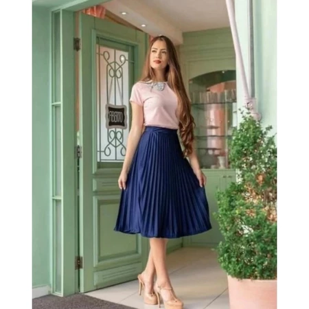 Saia Plissada Midi Feminina Com Forro Lisa Moda Evangelica