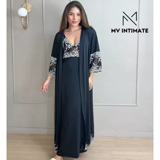 Kit Robe e Camisola Longos de Amamentação Sem Bojo em Microfibra Light com Renda Bicolor em Oferta na Shopee