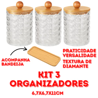 Kit 3 Organizadores 6,7x6,7x11cm De Plástico Tampa E Bandeja De Bambu Textura De Diamante Versátil em Oferta na Shopee
