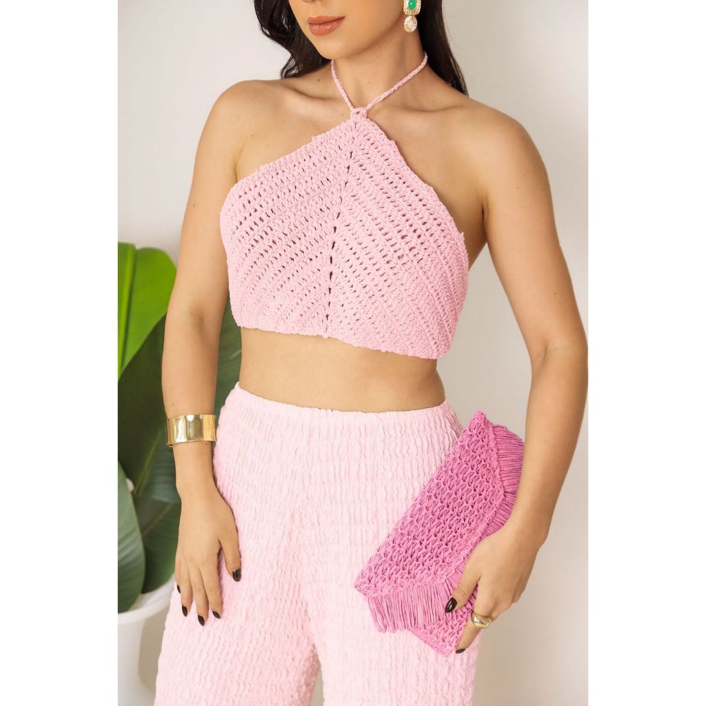 Cropped Top de Crochê Feminino Verão Premium Topinho Triangulo com