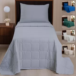 Kit Colcha Cobre Leito Solteiro 2 Peças Percal 400 fios Dupla Face e Matelado - Toque Macio