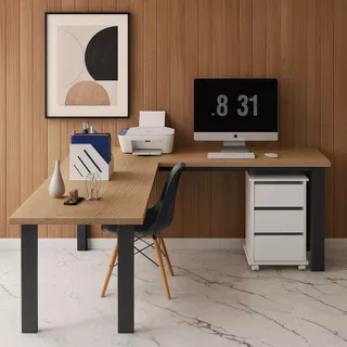 Kit Mesa Em L Mel e Preto + Gaveteiro 3 Gavetas MDP Rodinhas