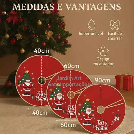 Tapete saia para base de árvore de natal noel decorativo vermelho com laço e estampa natalina