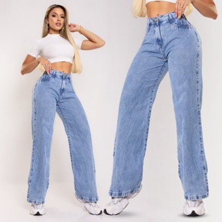 Calça Wide Leg Jeans Marmorizada Premium Levanta Bumbum Cintura Alta Perna Larga Calça Pantalona